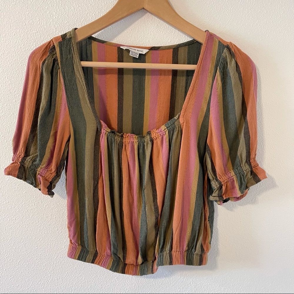 American Eagle Outfitters Retro Stripe Square Neck Crop Ruffle Short Sleeve-XS